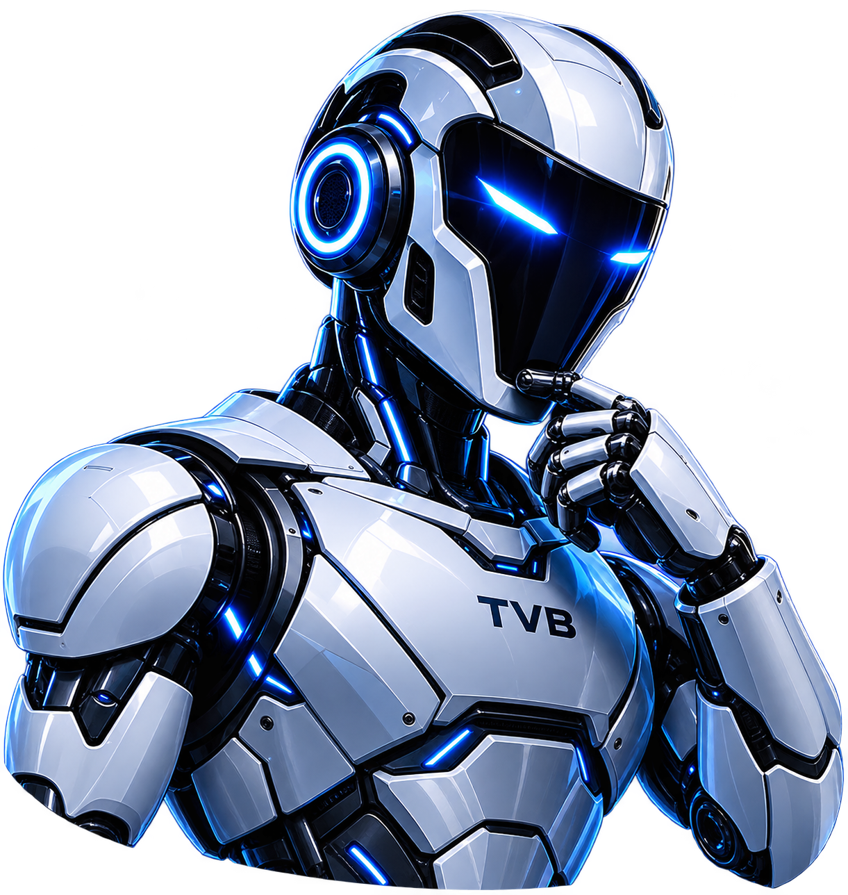 Robô TVB Trader com armadura prateada e iluminação azul